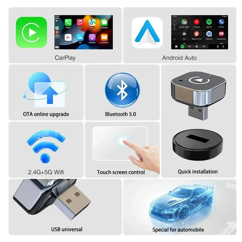 2-In-1 Wireless Carplay & Android Auto Adapter – AI Smart Box for All Cars – Universal Compatibility with Seamless Wirel